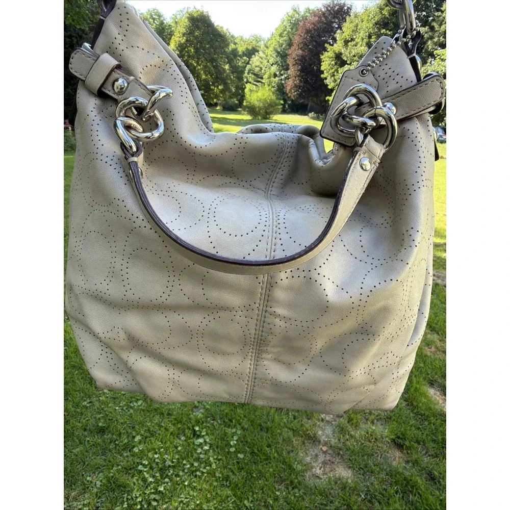 COACH Brooke Dove Gray Leather Perforated Signature Hobo Purse Boho